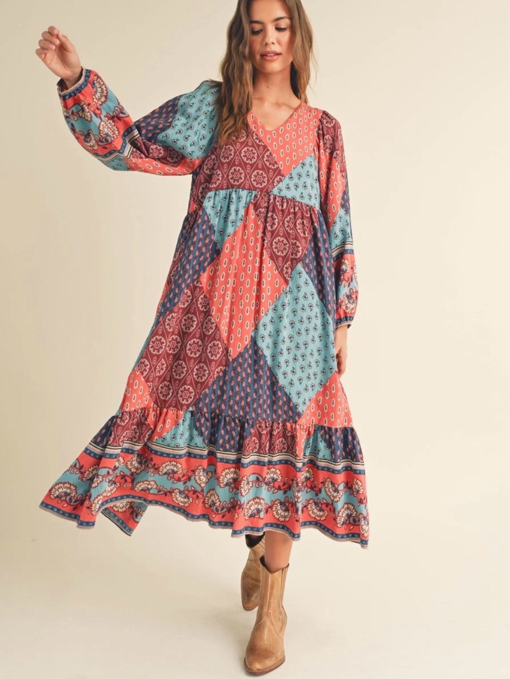 Boho Patchwork Maxi Dress in Coral & Teal